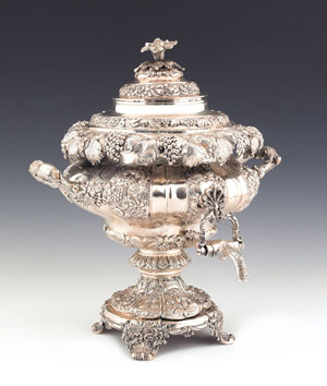 Irish silver hot water urn, 1830-1831. Estimate: $5,000-$10,000. Image courtesy of Pook & Pook Inc.